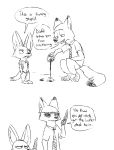  anthro barefoot black_and_white bottomwear canid canine clothed clothing comic dialogue disney duo english_text eyewear fennec finnick food fox hi_res holding_object male mammal monochrome necktie nick_wilde pants penis popsicle shirt simple_background sketch speech_bubble sunglasses text topwear visiti white_background zootopia 