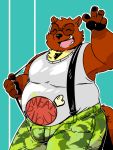  2018 anthro belly bottomwear brown_body brown_fur bulge canid canine clothing eyewear fur glasses hi_res humanoid_hands male mammal overweight overweight_male pants raccoon_dog realiron_(artist) simple_background solo tanuki text 
