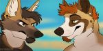  animated anthro black_nose brown_body brown_eyes brown_fur canid canine cheek_tuft duo face_tuft fangs fluffy fur head_tuft inner_ear_fluff looking_at_another low_res male mammal maned_wolf open_mouth simon_(skiaskai) skiaskai teeth tongue tuft white_body white_fur 