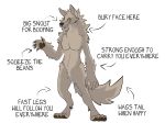  anthro black_nose canid canine canis claws diagram english_text fangs featureless_crotch fluffy fluffy_tail fur grey_body grey_fur grimwicks mammal nude pawpads simple_background solo standing text toe_claws were werecanid werecanine werewolf white_background wolf yellow_eyes 