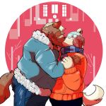  1:1 2016 anthro bottomwear butt canid canine canis clothing domestic_dog duo hat headgear headwear hi_res hug humanoid_hands kissing male male/male mammal overweight overweight_male pants raccoon_dog realiron_(artist) scarf sweater tanuki topwear 