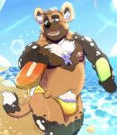  2019 african_wild_dog anthro beach belly black_nose blush bottomwear brown_body brown_eyes brown_fur canid canine clothing darius_davis dessert detailed_background digital_media_(artwork) food fur hair hi_res jewelry loneliestbara looking_at_viewer male mammal multicolored_body multicolored_fur nipples open_mouth outside pecs piercing popsicle pubic sand sea seaside sky smile solo swimwear teeth tongue water 