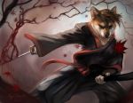  2014 abstract_background anthro black_nose brown_hair canid canine canis clothing detailed domestic_dog eyewear fluffy fur glasses hair holding_object holding_sword holding_weapon inner_ear_fluff katana leaf mammal melee_weapon orange_body orange_fur rhyu robe shiba_inu signature solo spitz sword tuft weapon white_body white_fur 