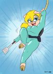  2017 anthro belt blonde_hair blue_background blue_eyes bodysuit breasts clothed clothing domestic_pig eyelashes female floppy_ears hair hi_res hooves joaoppereiraus mammal mask motion_lines open_mouth open_smile pink_tongue rope signature simple_background skinsuit smile solo spatula suid suina superhero sus_(pig) sylvia_(joaoppereiraus) teeth tight_clothing tongue tools 