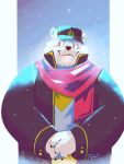  2018 anthro blush clothing cute_fangs fur hat headgear headwear hi_res humanoid_hands male mammal overweight overweight_male polar_bear realiron_(artist) scarf shirt solo topwear ursid ursine white_body white_fur 