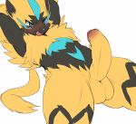  2019 anthro balls blush erection felid feline fur hi_res humanoid_penis legendary_pok&eacute;mon lying male mammal nintendo nude nukochi penis pok&eacute;mon pok&eacute;mon_(species) simple_background solo uncut video_games white_background yellow_body yellow_fur zeraora 