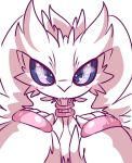  2018 4_fingers anthro big_eyes blue_sclera blush blush_stickers bust_portrait fingers front_view fur hi_res kemono legendary_pok&eacute;mon neck_tuft nintendo nyaswitchnya pink_eyes pok&eacute;mon pok&eacute;mon_(species) portrait reshiram shiny_pok&eacute;mon simple_background smile tuft video_games white_background white_body white_fur wings 