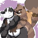  1:1 2014 anthro badger belly black_body black_fur brown_body brown_fur canid canine clothing duo facial_hair fur hat headgear headwear hi_res hug hugging_from_behind male male/male mammal moobs mustache mustelid musteline overweight overweight_male penis raccoon_dog shamelesss simple_background tanuki white_body white_fur 