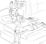  alarm_clock ambiguous_gender anthro bed bedding bedroom black_and_white blanket bodily_fluids bottomwear buckteeth canid canine cellphone claws clock clothed clothing curtains dialogue dipstick_ears disney drooling duo english_text eyes_closed fox furniture holding_cellphone holding_object holding_phone inside judy_hopps lagomorph leporid looking_at_another mammal monochrome multicolored_ears on_bed one_ear_up open_mouth pawpads phone pillow plushie rabbit saliva shirt shorts sitting sketch speech_bubble teeth text toe_claws topwear visiti window zootopia 