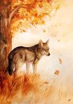  2010 autumn black_body black_fur canid canine canis detailed feral fur grass grey_body grey_fur johis leaf mammal painting_(artwork) signature solo traditional_media_(artwork) tree watercolor_(artwork) white_body white_fur wolf 
