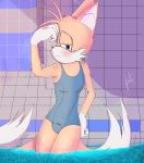  absurd_res anthro blue_eyes clothed clothing dipstick_tail felid feline handwear hi_res looking_back male mammal miles_prower multicolored_tail one-piece_swimsuit rear_view solo sonic_(series) swimwear tfrost89 video_games water yellow_body 