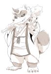  2019 anthro canid canine clothing hi_res horn humanoid_hands hysk male mammal raccoon_dog robe sengoku_puzzle simple_background solo tanuki tokugawa_ieyasu 