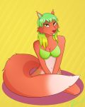  breasts brown_nose clothing female fluffy fur green_clothing green_eyes green_hair green_underwear hair hi_res long_hair long_tail mammal orange_body orange_fur pinup pose rodent sciurid simple_background solo teeth underwear white_body white_fur yellow_background zowslli 