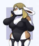  armwear blonde_hair blue_eyes breasts cleavage clothed clothing female frivomutt hair hi_res lagomorph legwear leotard leporid looking_at_viewer mammal meheheehehe overweight overweight_female rabbit smile solo thick_thighs tight_clothing 