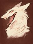  ambiguous_gender anthro brown_background bust_portrait facial_markings fluffy fur head_markings johis looking_at_viewer mammal markings open_mouth portrait sergal signature simple_background slit_pupils solo teeth tongue white_body white_fur 