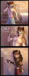  ! ... 2016 ? absurd_res anthro bed bedroom black_nose bottomwear brown_body brown_eyes brown_fur canid canine canis claws clothed clothing comic dialogue domestic_dog english_text fangs fluffy fur furniture furry_problems gloves_(marking) hair_dryer head_tuft hi_res humor inside light lighting mammal maned_wolf markings open_mouth pawpads shadow shorts simon_(skiaskai) skiaskai solo teeth text topless towel towel_only tuft whiskers white_body white_fur 