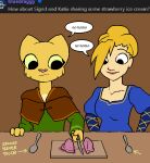 4_fingers anthro bethesda_game_studios blonde_hair breasts clothed clothing comment cutlery cutting_board dessert dialogue digital_media_(artwork) discord_(app) dress duo english_text felid feline female fingers food fur furniture hair hand_on_table holding_knife holding_object human ice_cream inside katia_managan kazerad khajiit kitchen_utensils knife lipstick makeup mammal medieval_clothing microsoft no_homo oblivion prequel_adventure sigrid_(oblivion) simple_background smile speech_bubble spoon table text the_elder_scrolls tools topwear yellow_body yellow_fur yellow_sclera