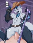 3_fingers absurd_res anthro arm_tuft aroused balls barn belt big_tail blue_body blue_clitoris blue_scales blue_vulva bodily_fluids bottomwear building claws clitoral_hood clitoris clothing cowboy cowboy_hat cowboy_outfit cowgirl_position dark_body dark_hands dark_scales dark_tongue denim denim_bottomwear denim_clothing detailed_background dialogue diamond_hakamo-o duo fan_character fangs female female_on_top female_penetrated fingers from_front_position fur generation_7_pokemon genital_fluids genitals hat hay hay_bale headgear headwear hi_res holding_clothing holding_hat holding_headgear holding_headwear holding_object human humanoid_genitalia humanoid_penis interspecies jeans leash leashed_male leashed_viewer long_tail looking_at_another male male/female male_human male_penetrating male_penetrating_female mammal multicolored_body multicolored_tail nintendo on_bottom on_top pants penetration penile penile_penetration penis pinup pokemon pokemon_(species) pokephilia pose purple_eyes ranillopa rodeo scales sex shoulder_tuft smile speech_bubble tail teeth text tuft vaginal vaginal_fluids vaginal_penetration vulva wall_(structure) wet wet_penis white_body white_fur