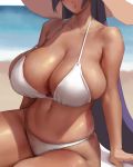  1girl beach bikini breasts bursting_breasts cleavage commentary curvy day english_commentary eu03 fate/grand_order fate_(series) hat head_out_of_frame huge_breasts lips long_hair minamoto_no_raikou_(fate/grand_order) navel ocean puckered_lips purple_hair shadow sitting skindentation solo stomach strap_gap sun_hat swimsuit thick_thighs thighs veins veiny_breasts very_long_hair white_bikini 