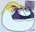 2022 anthro bandai_namco belly belly_inflation belly_on_ground big_belly big_breasts black_sclera blush blushlines breasts cle0_(returntosender) cleavage clothed clothing colored countershade_torso countershading digimon digimon_(species) dipstick_ears dipstick_tail ear_markings female fur hologram holographic_screen huge_belly huge_breasts hyper hyper_belly hyper_breasts immobile inflation lying lying_on_self mammal markings multicolored_ears on_front panties purple_blush purple_clothing purple_eyes purple_hologram purple_panties purple_shirt purple_tank_top purple_text purple_topwear purple_underwear renamon sheepie_(artist) shirt solo tail tail_markings tank_top text topwear under_boob underwear warning warning_sign white_body white_countershading white_markings yellow_body yellow_ears yellow_fur yellow_tail