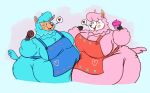 2026 alpaca animal_crossing anthro apron belly belly_overhang belly_squish belly_to_belly big_belly big_breasts big_cheeks big_moobs black_eyes black_mouth black_nose blue_apron blue_background blue_body blue_clothing blue_hair blue_tail breasts camelid chubby_cheeks clothing colored cupcake cyrus_(animal_crossing) dessert digital_media_(artwork) doughnut duo eyelashes eyes_closed female flat_colors food freckled_face freckles grapeclown hair heart_symbol hi_res holding_cupcake holding_doughnut holding_food holding_object huge_belly huge_breasts huge_moobs huge_thighs husband_and_wife lips male mammal married_couple moobs nintendo obese obese_anthro obese_female obese_male open_mouth open_smile orange_inner_ear overweight overweight_anthro overweight_female overweight_male pastry pink_body pink_cheeks pink_hair pink_inner_ear pink_lips pink_tail portrait red_apron red_clothing red_tongue reese_(animal_crossing) romantic romantic_couple scut_tail short_tail simple_background smile smiling_at_another speech_bubble squish tail tan_ears tan_face teeth thick_thighs three-quarter_portrait three-quarter_view tongue white_face