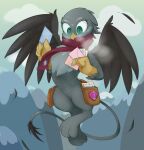 2020 3_toes 4_fingers avian beak big_eye blue_eyes breath cloud cold cutie_mark_crusaders_(mlp) eyelashes falling_feathers feathers feet female feral fingers flying friendship_is_magic full-length_portrait gabby_(mlp) grey_body grey_feather gryphon hair hasbro hi_res high_altitude holding_mail looking_down mail mailbag mountain mountainscape my_little_pony mythological_avian mythological_creature mythology noupu1115 ponytail portrait red_scarf saddle_bag scarf sky skyscape small_beak solo spread_wings toes wings