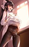  1girl absurdres aiguillette azur_lane bangs black_hair black_legwear blush bow bow_panties breasts brown_eyes epaulettes eyebrows_visible_through_hair gloves hair_bow hair_flaps half_gloves heavy_breathing highres indoors large_breasts lifted_by_self long_hair masturbation medal military military_uniform navel open_mouth panties panties_under_pantyhose pantyhose pleated_skirt ponytail pussy_juice pussy_juice_trail saliva saliva_trail shumiao skirt skirt_lift solo standing table table_sex takao_(azur_lane) tears underwear uniform very_long_hair white_gloves white_panties 