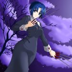  1girl bare_tree black_keys blue_hair breasts chaesu ciel collar cross dress highres holding holding_weapon knife long_sleeves looking_at_viewer medium_breasts melty_blood night nun short_hair sky solo sword tree tsukihime type-moon weapon 