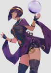  1girl bangs blue_eyes blunt_bangs egyptian eyebrows_visible_through_hair fingerless_gloves gloves grey_background kureta_(nikogori) menat navel navel_cutout orb parted_lips purple_eyes purple_gloves purple_nails short_hair short_shorts shorts simple_background solo standing street_fighter thighhighs 