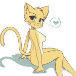  &lt;3 1:1 absurd_res anthro bethesda_softworks biped blush breasts bunnybits butt countershade_torso countershading cute_fangs felid female fur happy hi_res inner_ear_fluff katia_managan khajiit looking_aside looking_at_viewer mammal nipples nude pink_nipples pink_nose pose prequel side_view simple_background sitting smile solo speech_bubble the_elder_scrolls tuft video_games webcomic white_background yellow_body yellow_eyes yellow_fur yellow_sclera 