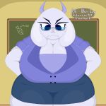 1:1 absurd_res anthro big_breasts boss_monster_(undertale) bovid breasts caprine chalkboard cleavage clothed clothing deltarune female fur goat hi_res huge_breasts hyper hyper_breasts mammal school_uniform teacher teezofm thick_thighs tight_clothing toriel undertale_(series) uniform