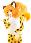  2019 anthro blonde_hair bottomless butt cheetah clothed clothing cute_fangs felid feline female fur hair hi_res looking_at_viewer mammal open_mouth pawpads shirt simple_background solo spots t-shirt tetetor-oort tirol topwear white_background yellow_body yellow_fur 