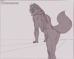  2019 absurd_res anthro athletic butt canid canine ear_piercing ear_ring eyebrows eyewear fluffy fur glasses hair hi_res horn leaning leaning_forward looking_at_viewer looking_back male mammal maned_wolf monochrome mostly_nude naruka piercing raised_tail scarf scarf_only signature sketch solo unfinished watermark 