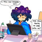 anthro artist_name beverage_can blue_clothing blue_hoodie blue_topwear book bookshelf chair clothing collar colored desk dialogue domestic_cat drawing_(action) drawing_tablet duo ear_piercing felid feline felis female fur furniture fuuki_art hair hatsune_miku hi_res holding_stylus hoodie inner_ear_fluff mammal naomi_(fuuki_art) offscreen_character orange_eyes piercing plant plant_pot plushie potted_plant purple_hair shaded simple_background sitting speech_bubble table text topwear tuft vocaloid white_background yamaha_corporation yellow_body yellow_fur