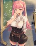  1girl belt belt_buckle black_legwear breasts buckle chalkboard commentary commentary_request cup desk eyebrows_visible_through_hair fire_emblem fire_emblem:_three_houses garreg_mach_monastery_uniform hand_on_own_cheek hand_up hilda_valentine_goneril long_hair looking_at_viewer medium_breasts open_mouth pink_eyes pink_hair school_uniform shinon_(tokage_shuryou) solo thighhighs twintails very_long_hair 