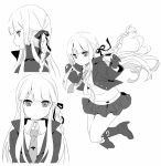  1girl black_gloves braid breasts closed_mouth commentary_request danganronpa gloves hair_ornament hair_ribbon jacket kirigiri_kyouko long_hair looking_at_viewer monochrome necktie neneko-n ribbon school_uniform side_braid simple_background single_braid skirt solo white_background 