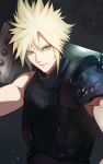  1boy bare_shoulders blonde_hair buster_sword cloud_strife cracked eito_nishikawa final_fantasy final_fantasy_vii green_eyes hair_between_eyes highres male_focus over_shoulder pauldrons solo sword sword_over_shoulder turtleneck weapon weapon_over_shoulder 