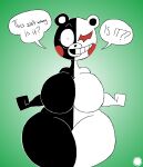 aliasing anthro artist_logo artist_name bear big_breasts black_body black_fur breasts curvy_figure danganronpa dialogue digital_media_(artwork) english_text eyelashes facial_markings female fur grin head_markings hi_res hourglass_figure kumamon_(mascot) logo mammal markings monokuma multicolored_body multicolored_fur muzzle_(marking) nude nude_anthro nude_female signature smile solo speech_bubble spherical_breasts spike_chunsoft text thatdawgmurray thick_thighs two_tone_body two_tone_fur white_body white_fur wide_hips