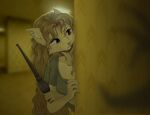 5_fingers anthro blurred_background bodily_fluids bottomwear breasts brown_eyes brown_theme clothed clothed_anthro clothed_female clothing crying digital_drawing_(artwork) digital_media_(artwork) domestic_cat eyebrows felid feline felis female female_anthro fingers fur hair hi_res hiding holding_object inner_ear_fluff inside mammal medium_breasts pants pink_nose qudomele scared shaded shirt simple_shading solo tan_eyebrows tan_hair tears teeth the_backrooms topwear tuft warm_colors yellow_body yellow_fur yellow_inner_ear_fluff