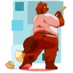  1:1 2015 anthro apron broom brown_body brown_fur butt canid canine cleaning clothing fur hi_res humanoid_hands male mammal overweight overweight_male raccoon_dog realiron_(artist) shirt solo tanuki topwear 