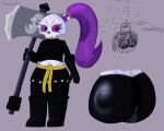 5:4 activision axe battle_axe bone butt butt_focus chopscotch_(skylanders) dullahan european_mythology eyevy female grey_body grey_skin hair headless humanoid irish_mythology mythology not_furry ponytail purple_hair purple_sclera shortstack shortstack_female skeleton skull skull_head skylanders skylanders_imaginators solo undead