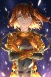  1girl ahoge bangs belt bodysuit breasts captain_chaldea closed_mouth crossed_arms fare fate/grand_order fate_(series) fujimaru_ritsuka_(female) gloves gunbuster_pose hair_between_eyes hair_ornament hair_scrunchie looking_at_viewer medium_breasts one_side_up orange_bodysuit orange_eyes orange_gloves orange_hair scrunchie short_hair sky smile solo spacesuit star_(sky) starry_sky 