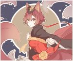  1girl animal_ears breasts clenched_hands commentary facepaint flower fox_ears fox_tail gem hair_between_eyes hair_ornament highres lace_trim long_sleeves looking_at_viewer medium_breasts meiko outline parted_lips red_eyes red_hair red_ribbon ribbon short_hair solo tail vocaloid white_outline wide_sleeves yellow_flower yen-mi 