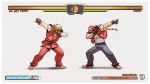  2boys absurdres barefoot baseball_cap blonde_hair brown_gloves capcom_vs_snk dab_(dance) denim dougi fatal_fury fighting_game gloves grey_background hat highres jeans ken_masters long_hair male_focus multiple_boys nin_nakajima pants ponytail red_vest shared_speech_bubble shirt simple_background speech_bubble street_fighter super_smash_bros. terry_bogard vest white_shirt 