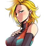  1girl android_18 android_21 black_nails blonde_hair blue_eyes blush breasts collarbone detached_sleeves dragon_ball dragon_ball_fighterz earrings from_side fusion hoop_earrings impossible_clothes jewelry kemachiku large_breasts lowres potara_earrings skin_tight solo turtleneck 