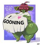 :3 ahoge big_breasts big_ears bodily_fluids border breasts clothing curvy_figure ear_piercing ear_ring female female_humanoid glistening glistening_body glistening_skin goblin green_body green_skin hair hair_over_eyes hi_res hidden_eyes huge_breasts huge_hips huge_thighs humanoid hyper hyper_breasts lewdcoalpuff motion_lines nervous nervous_sweat not_furry open_:3 open_mouth piercing purple_background red_hair ring_piercing shirt simple_background solo standing sweat text text_on_clothing text_on_shirt text_on_topwear thick_thighs tiptoes topwear voluptuous voluptuous_female voluptuous_humanoid white_border white_clothing white_shirt white_topwear wide_hips