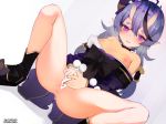  anus blue_hair blush breasts censored choker demon fang fingering horns japanese_clothes kimono marisayaka masturbation nijisanji nipples no_bra nopan open_shirt pointed_ears purple_eyes pussy pussy_juice rindou_mikoto spread_legs watermark 