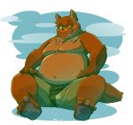  2014 anthro belly biped bottomwear brown_body brown_fur canid canine clothing eyewear fur glasses hi_res humanoid_hands male mammal moobs navel one_eye_closed overweight overweight_male raccoon_dog realiron_(artist) shorts sitting solo tanuki wink 