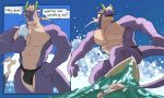 abs black_clothing black_underwear bulge clothed clothing countershade_face countershade_neck countershade_torso countershading dragon english_text food green_horn hair hi_res horn jockstrap jockstrap_only male multicolored_body muscular muscular_male mythological_creature mythological_scalie mythology pecs popsicle purple_body rolenzoart scalie sea solo speech_bubble surfboard surfing swimming_in_underwear text topless underwear underwear_only water wave wet yellow_eyes