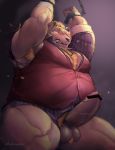  2019 absurd_res anthro balls barghest_(tas) belly blush chained clothing erection hi_res humanoid_hands humanoid_penis inabayasuri male mammal overweight overweight_male penis pubes shirt solo tokyo_afterschool_summoners topwear ursid video_games 